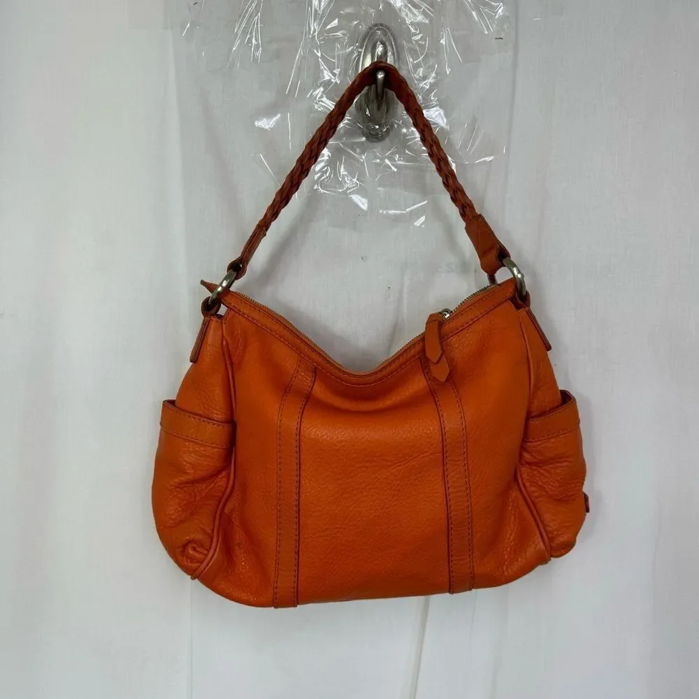Cole Haan Pebbled Leather Zip Braided Strap Shoulder Hobo Bag Handbag Orange